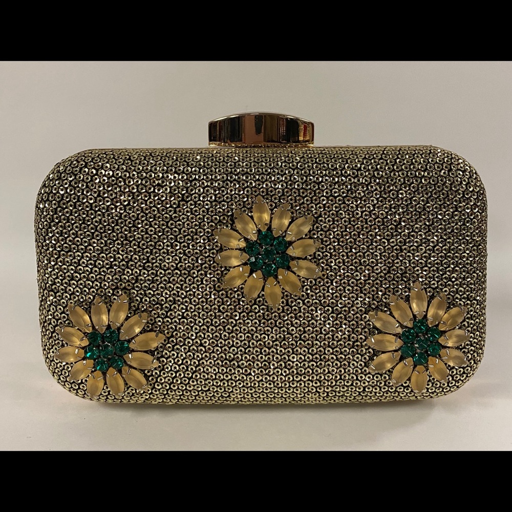 Small gold sequin box clutch with strap